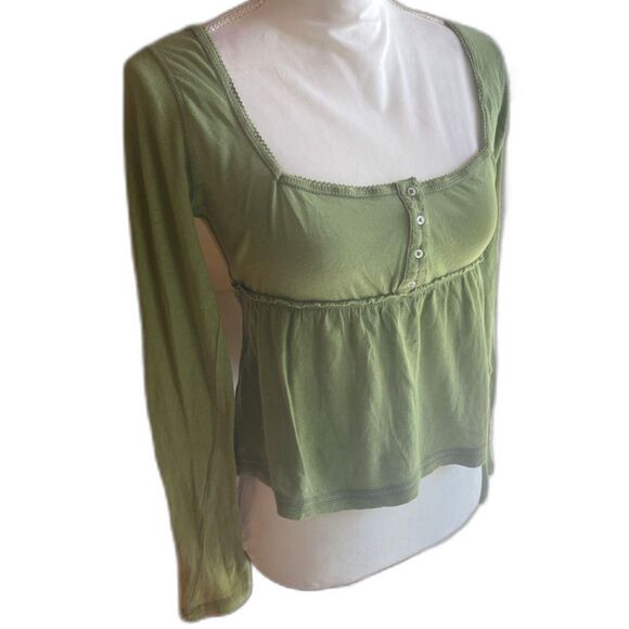 BDG Urban Outfitters Y2K Henley Babydoll Peplum Top L Green Soft Girl Coquette - Picture 1 of 12